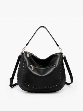 Black Studded Hobo Shoulder Bag with Gold Hardware